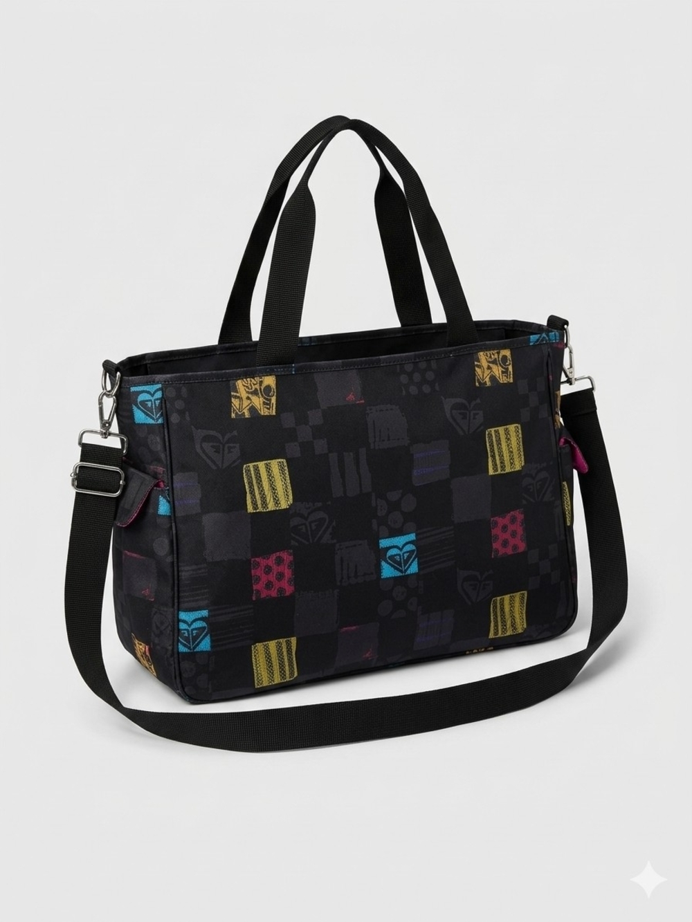 Roxy Vintage Geometric Patchwork Duffle Bag / Shoulder Travel Bag Neon Accent